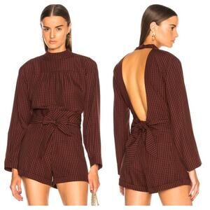 Nanushka Stine Red Plaid Gingham Top Long Sleeve Open Back Mockneck Small